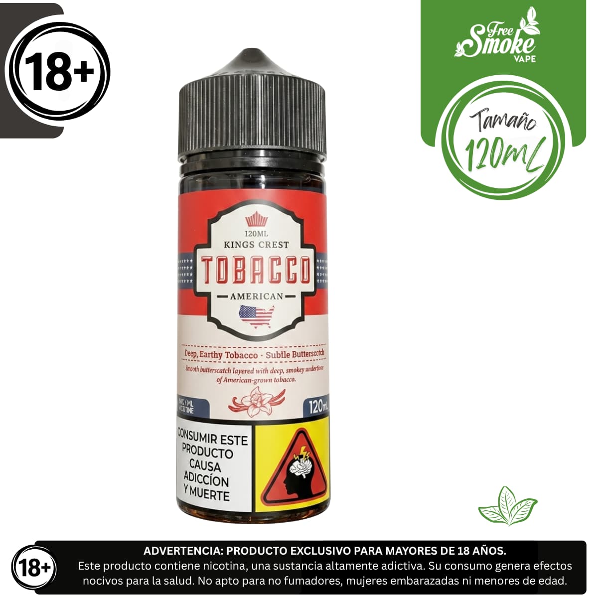 ET-King-Crest-American-FreeSmokeVape Liquido base libre, categoria Tabaco, marca KINGS CREST, sabor King's Crest American Tobacco, descripcion: Tabaco Americano 0mg, 3mg y 6mg , presentacion: 120ML, tienda de vapeo onlie Freesmokevape.