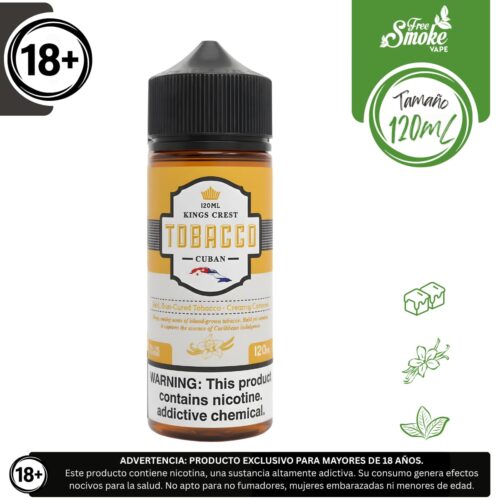 Liquido base libre, categoria Tabaco, marca KINGS CREST, sabor King's Crest Cuban Tobacco, descripcion: Tabaco Cubano, Especias, Caramelo 0mg, 3mg y 6mg , presentacion: 120ML, tienda de vapeo onlie Freesmokevape.