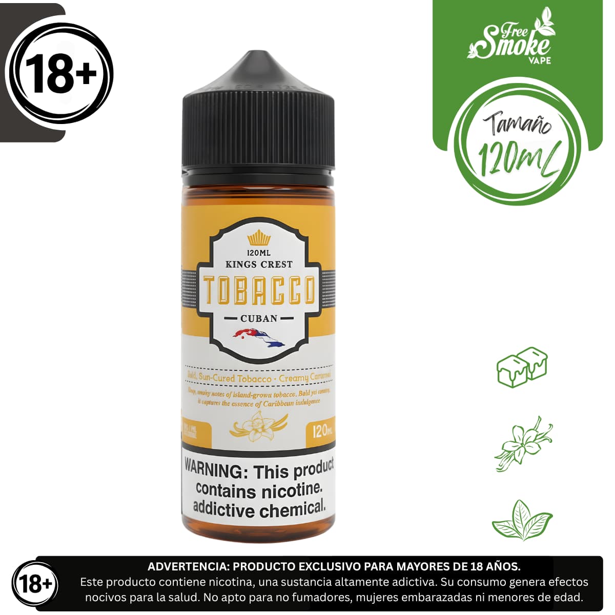ET-King-Crest-Cuban-FreeSmokeVape Liquido base libre, categoria Tabaco, marca KINGS CREST, sabor King's Crest Cuban Tobacco, descripcion: Tabaco Cubano, Especias, Caramelo 0mg, 3mg y 6mg , presentacion: 120ML, tienda de vapeo onlie Freesmokevape.