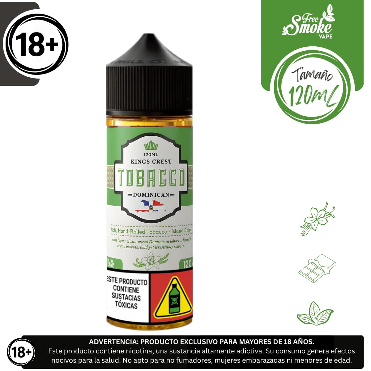 ET Kings-Crest-Tobacco-Dominican-FreeSmokeVape Liquido base libre, categoria Tabaco, marca KINGS CREST, sabor King's Crest Dominican Tobacco, descripcion: Tabaco Dominicano, Cacao, Dulzura Natural. 0mg, 3mg y 6mg , presentacion: 120ML, tienda de vapeo onlie Freesmokevape.