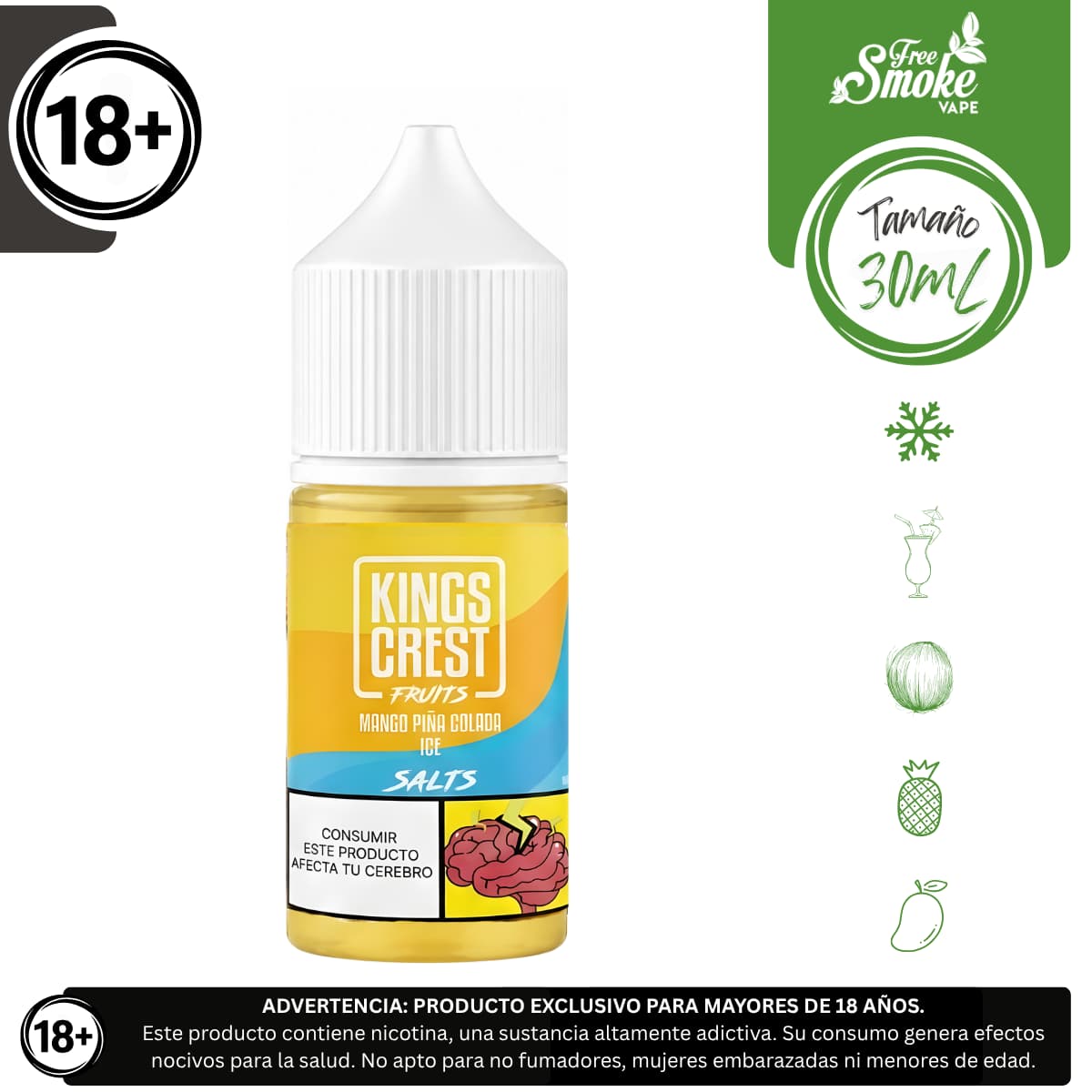 SM-King-Crest-Mango-Pina-Colada-Ice-FreeSmokeVape Liquido sales de nicotina, categoria Frio, marca KINGS CREST, sabor King's Crest Mango Pina Colada Ice, descripcion: Mango, Piña, Coco, Ice 30mg y 50mg, presentacion: 30ML, tienda de vapeo onlie Freesmokevape.