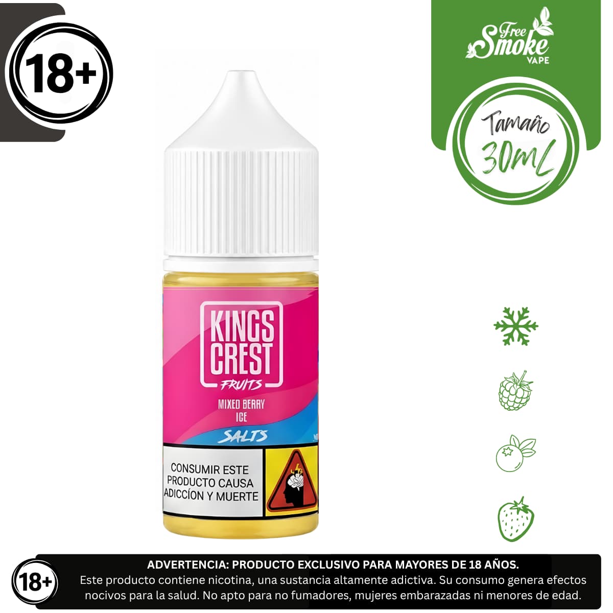 SM-King-Crest-Mixed-Berry-Ice-FreeSmokeVape Liquido sales de nicotina, categoria Frio, marca KINGS CREST, sabor King's Crest Mixed Berry Ice, descripcion: Fresa, Arándano, Frambuesa, Ice 30mg y 50mg, presentacion: 30ML, tienda de vapeo onlie Freesmokevape.