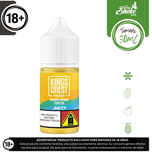 Liquido sales de nicotina, categoria Frio, marca KINGS CREST, sabor King's Crest Pineapple Apricot Lychee Ice, descripcion: Piña, Albaricoque, Lichi, Ice 30mg y 50mg, presentacion: 30ML, tienda de vapeo onlie Freesmokevape.