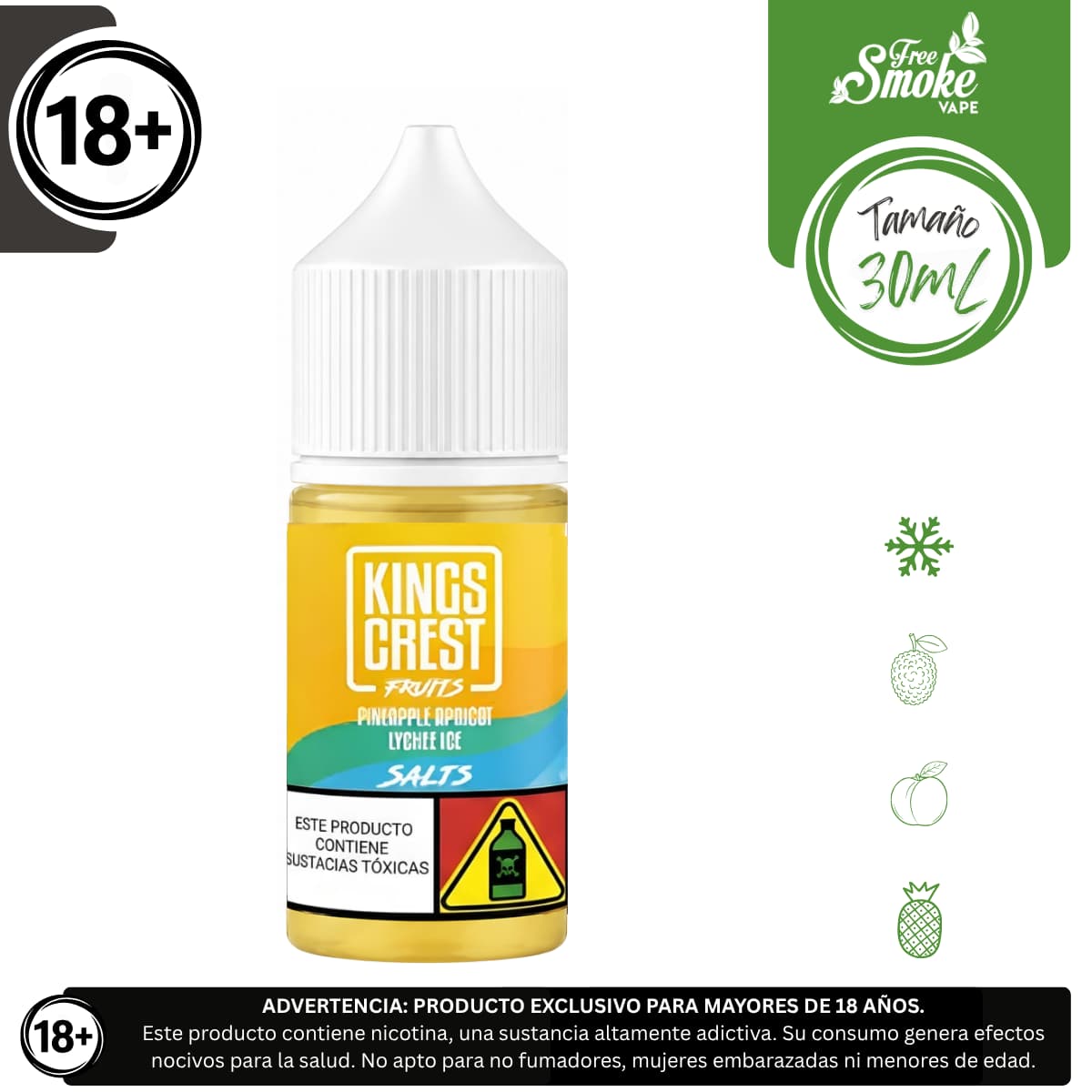 SM-King-Crest-Pineapple-Apricot-Lychee-Ice-FreeSmokeVape Liquido sales de nicotina, categoria Frio, marca KINGS CREST, sabor King's Crest Pineapple Apricot Lychee Ice, descripcion: Piña, Albaricoque, Lichi, Ice 30mg y 50mg, presentacion: 30ML, tienda de vapeo onlie Freesmokevape.