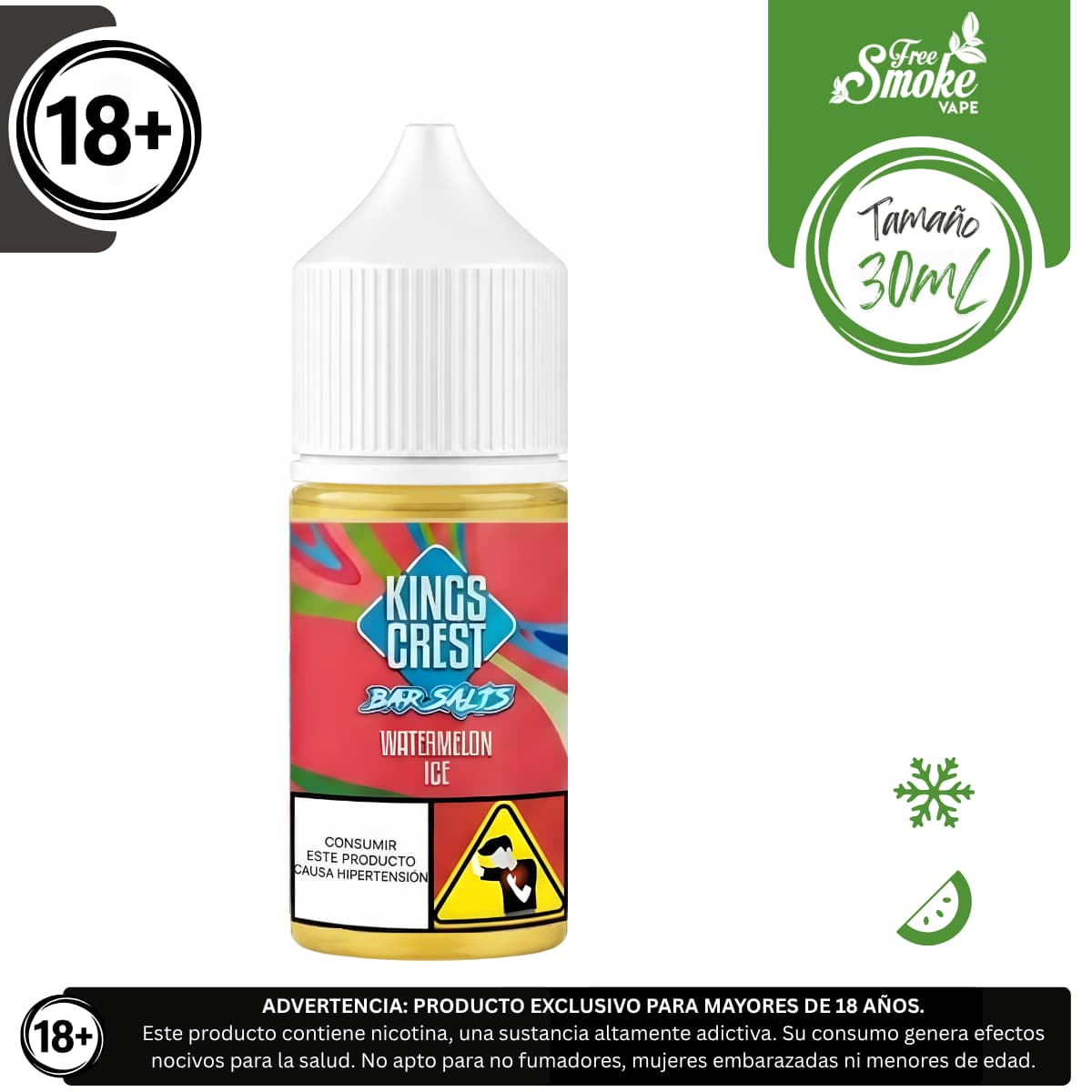 SM-King-Crest-Watermelon-Ice-FreeSmokeVape Liquido sales de nicotina, categoria Frio, marca KINGS CREST, sabor King's Crest Watermelon Ice, descripcion: Sandía, Ice 30mg y 50mg, presentacion: 30ML, tienda de vapeo onlie Freesmokevape.