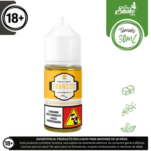 Liquido sales de nicotina, categoria Tabaco, marca KINGS CREST, sabor King's Crest Cuban Tobacco, descripcion: Tabaco Cubano, Especias, Caramelo 30mg y 50mg, presentacion: 30ML, tienda de vapeo onlie Freesmokevape.